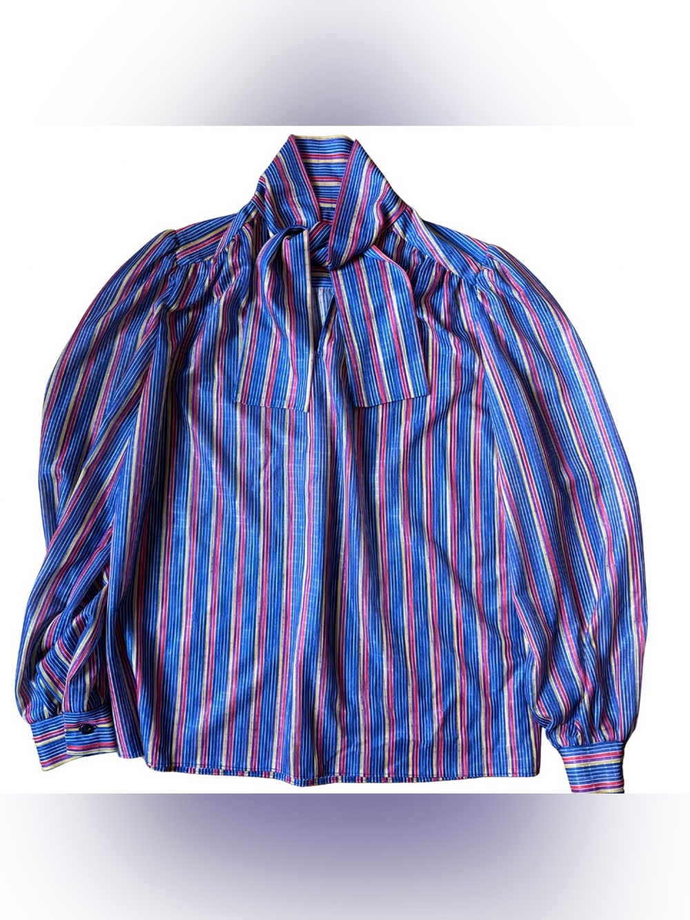 Vintage rainbow Striped Blue Tie-Neck Women's blouse